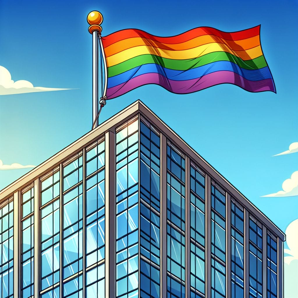 cartoon progressive pride flade on top of an office building