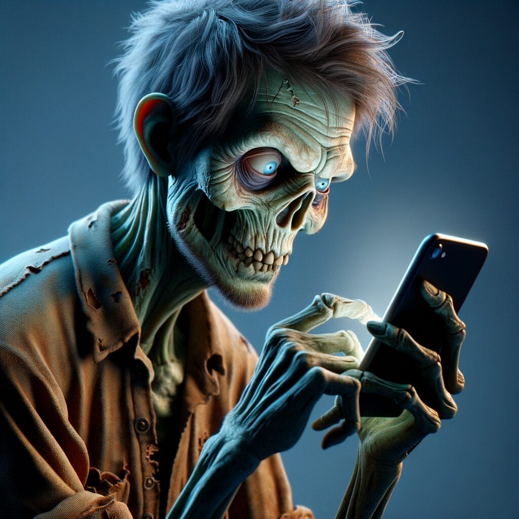 cartoon zombie staring at a phone screen